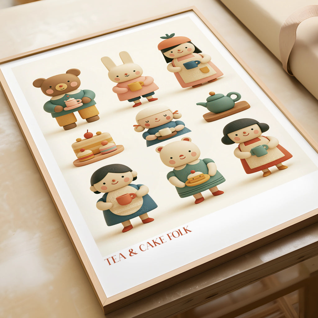 Tea & Cake Folk Retro Children's Print, Cute Bear Bunny Wall Art, Kids Nursery Poster