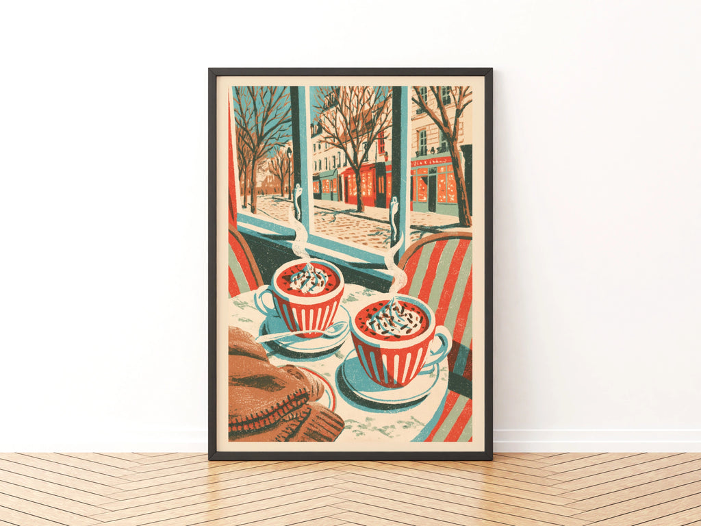 Vintage Food Poster Print Paris Cafe Hot Chocolate, Rustic Kitchen Decor Retro Mid Century Risograph