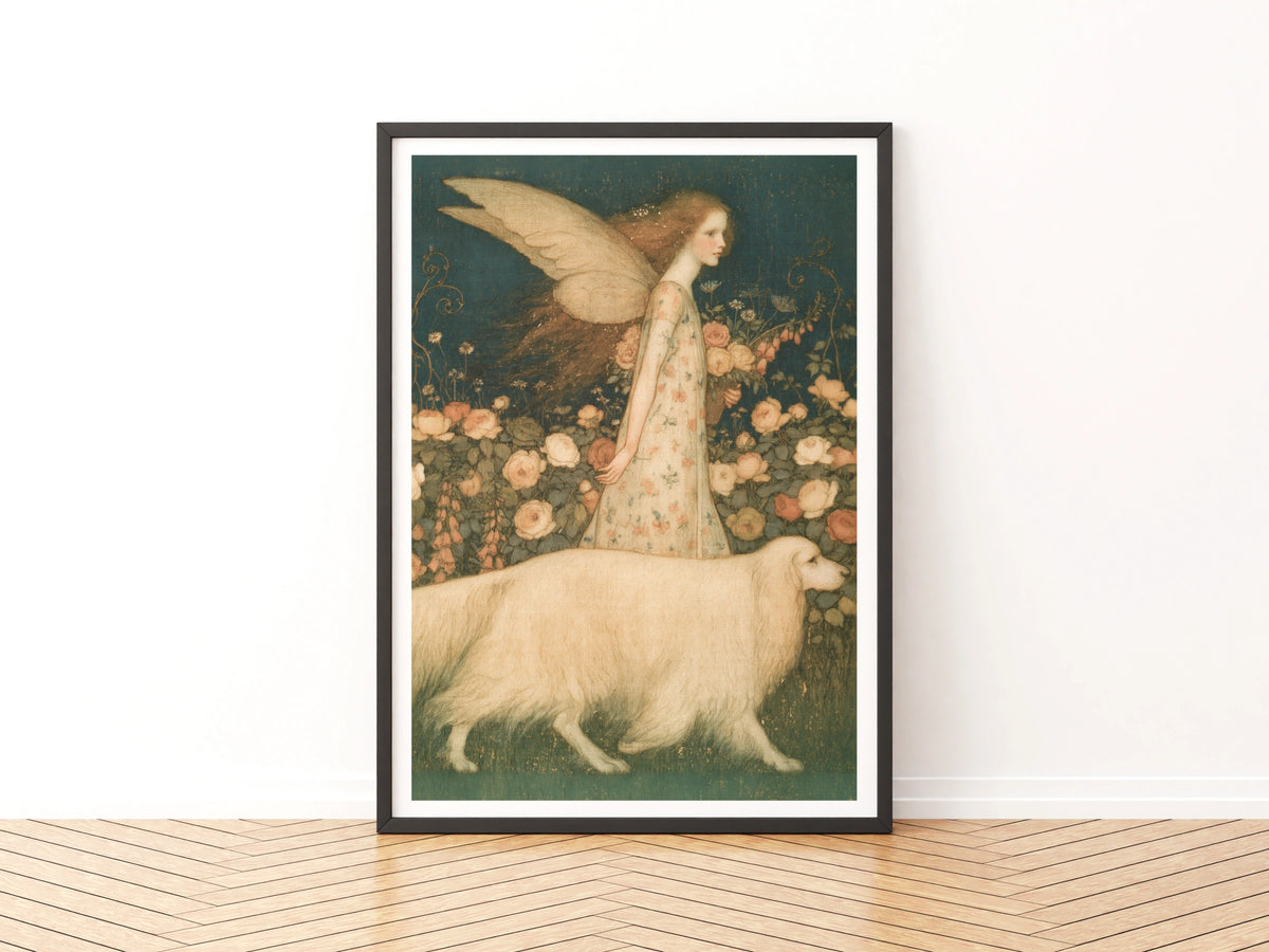 Arthur Rackham Fairy Girl Rose Garden Print, Classic Inspired Art, Vintage Fairy Dog Floral Poster