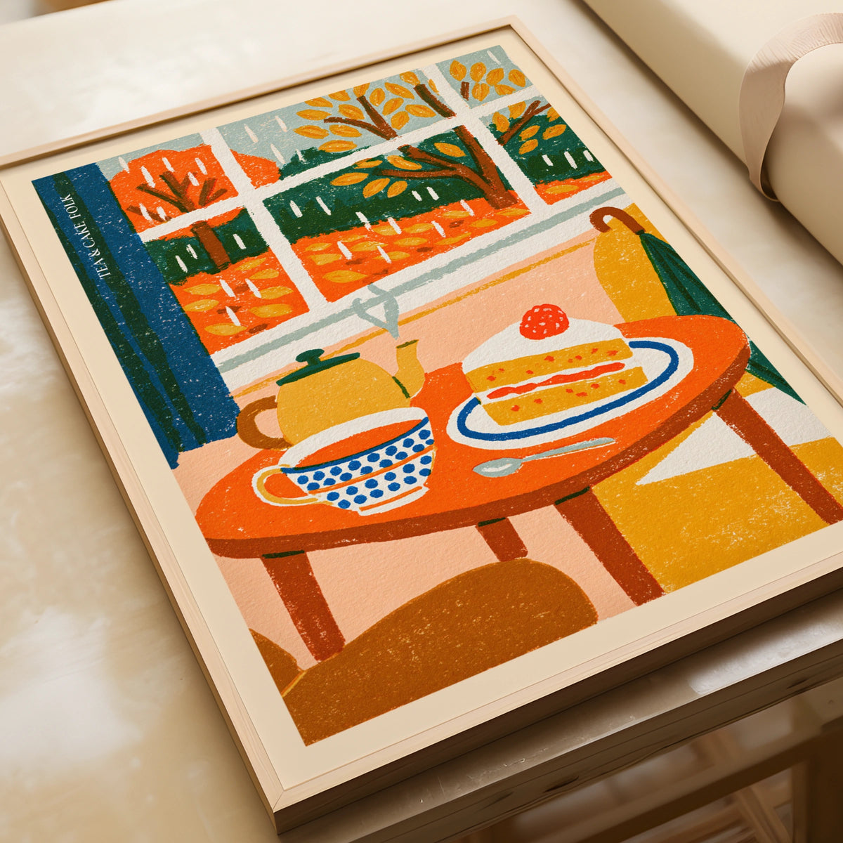 Tea and Cake Vintage Food Poster Print | Rustic Kitchen Decor | Retro Mid Century Risograph Art