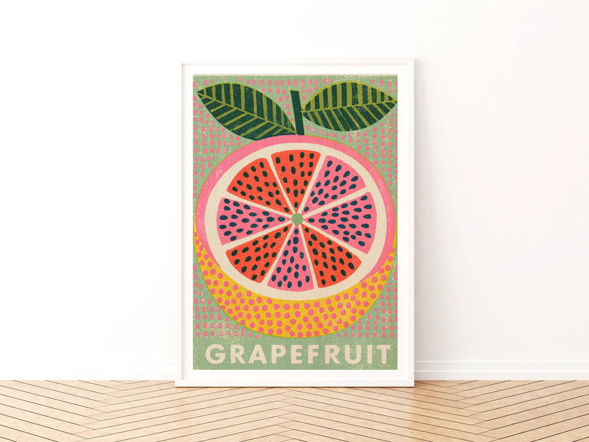 Grapefruit Vintage Food Poster Print | Rustic Kitchen Decor | Retro Mid Century Risograph Art
