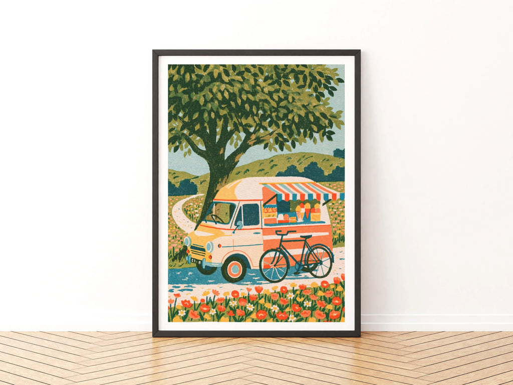 Retro Ice Cream Van Poster, Vintage Food Truck Print, Floral Countryside Wall Art