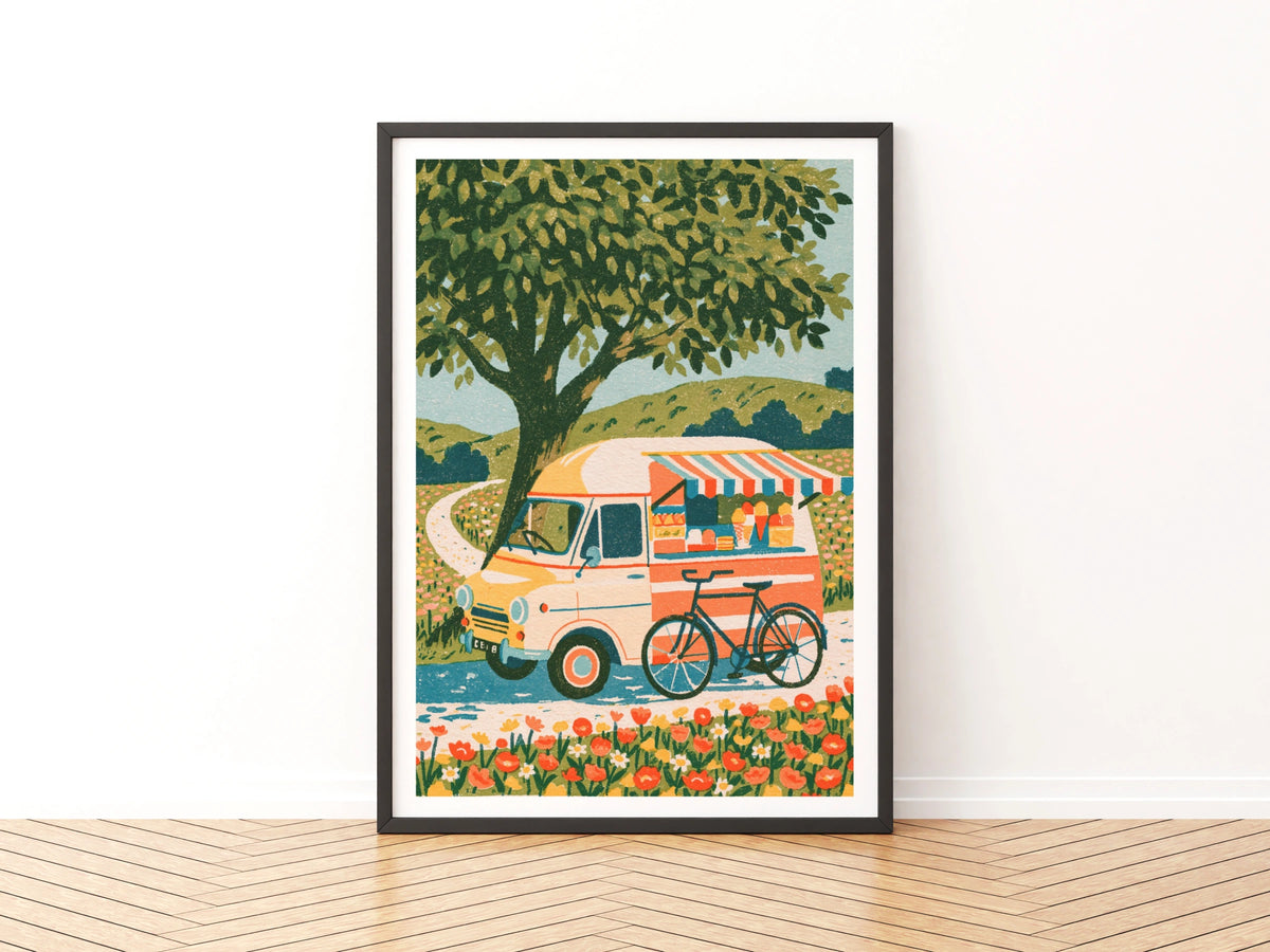 Retro Ice Cream Van Poster, Vintage Food Truck Print, Floral Countryside Wall Art