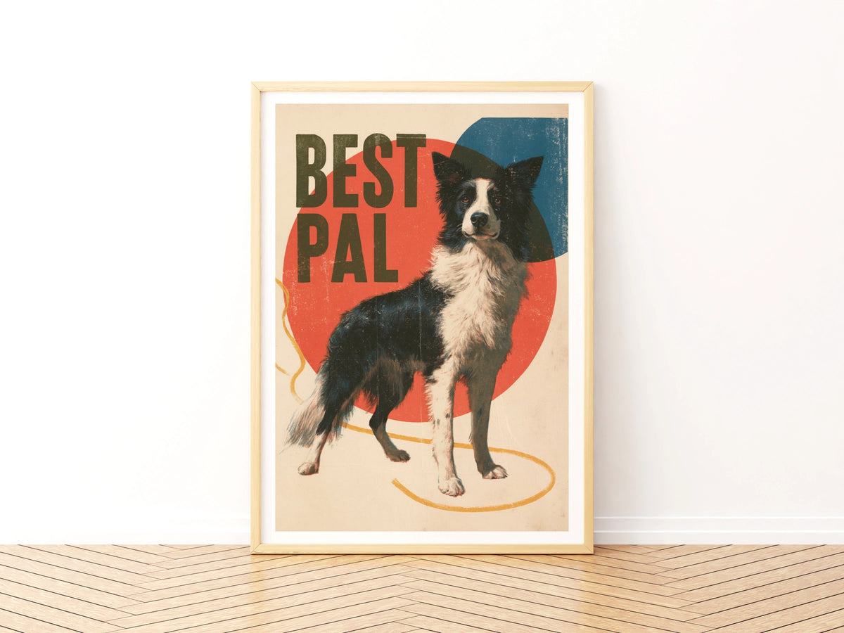 Border Collie Retro Dog Print, Best Pal Folk Art, Vintage Style Dog Wall Art Gift