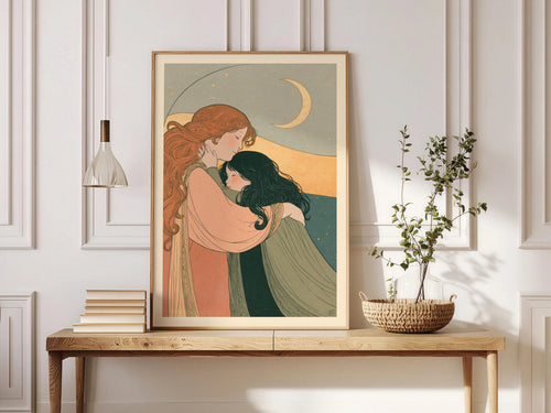Mother and Daughter Art Print, Crescent Moon Night Sky, Art Nouveau Poster, Nursery Wall Art