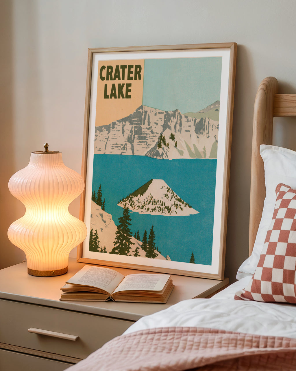 Retro Crater Lake Poster, Vintage Travel Print, Oregon National Park Wall Art, Wizard Island