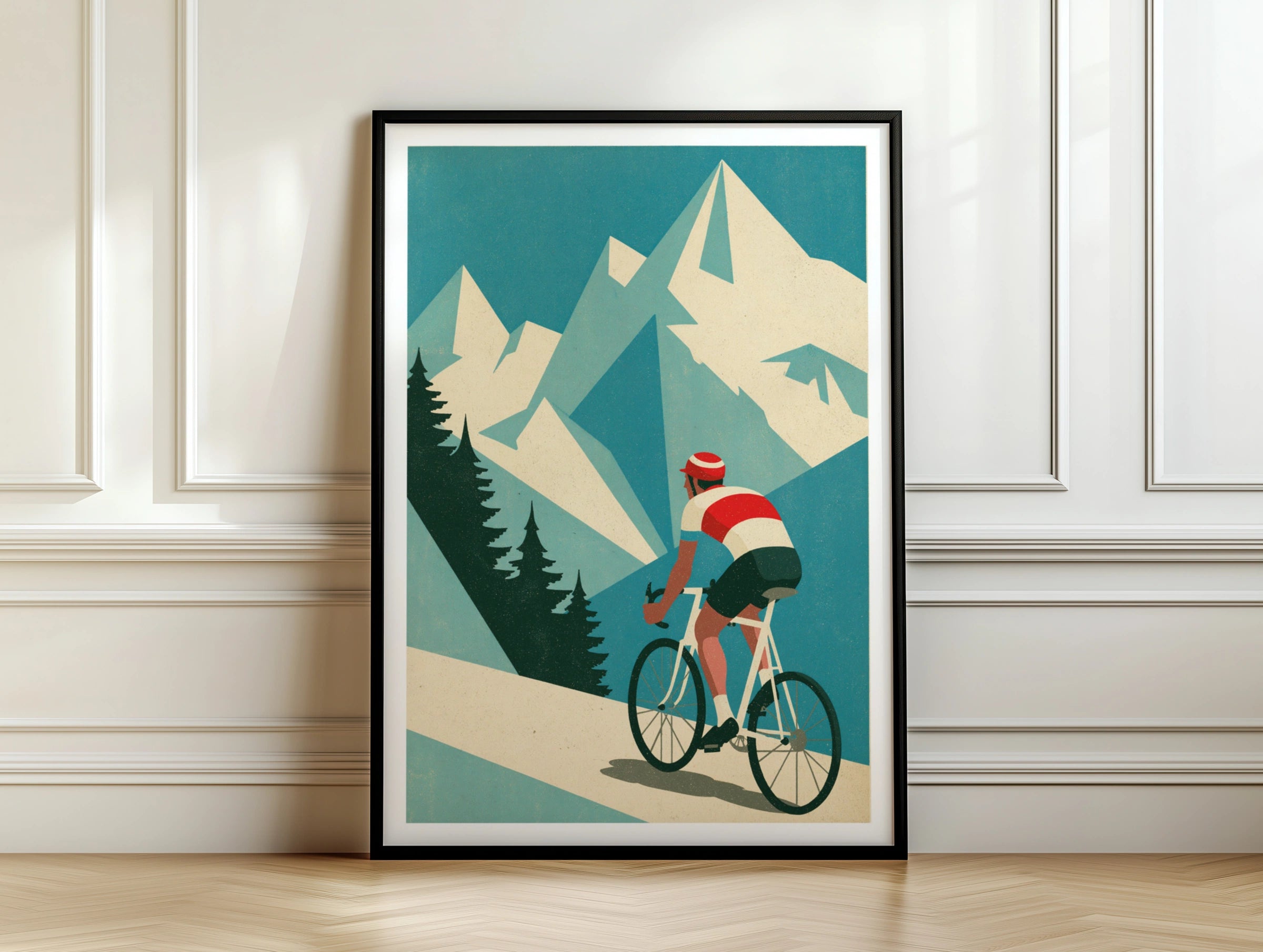 Retro Cycling Poster, Mountain Road Cyclist Print, Vintage Travel Alpine Wall Art, Teal Blue