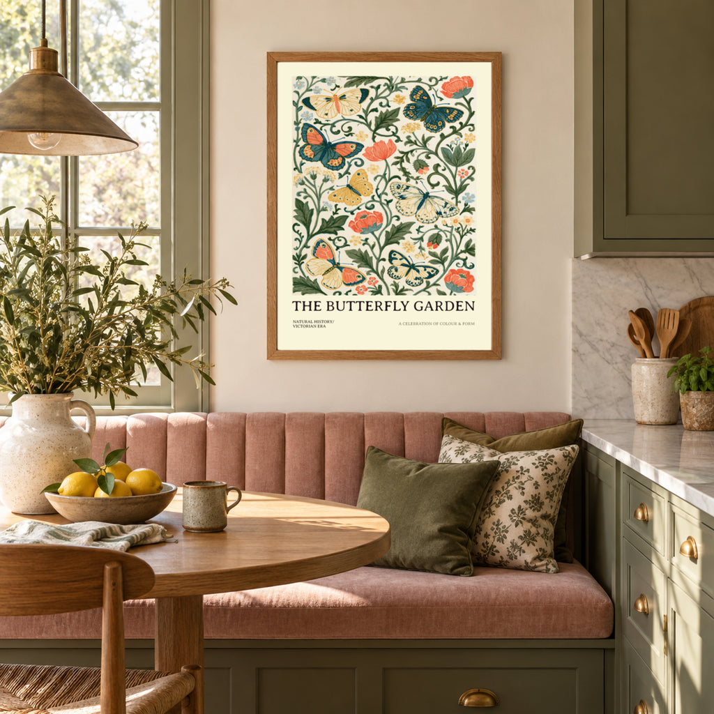 Butterfly Garden Print, Botanical Wall Art, Victorian Natural History Poster, Floral Nature Decor