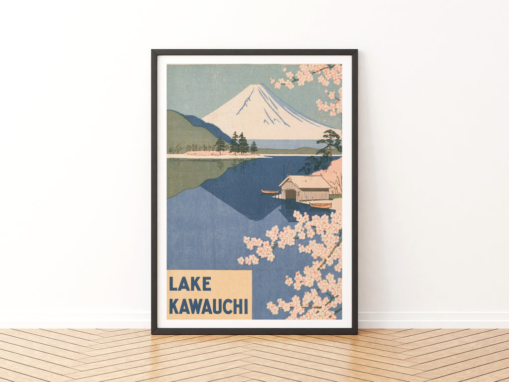Lake Kawaguchi Retro Travel Print, Mount Fuji Vintage Travel Poster, Japan Cherry Blossom Wall Art