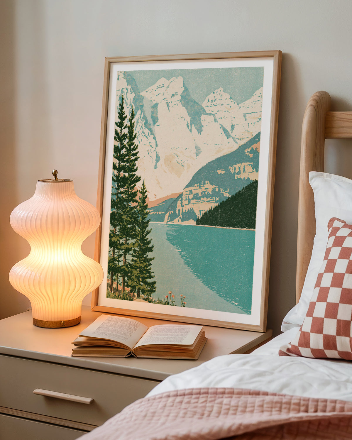 Retro Mountain Lake Wall Art, Vintage Travel Poster, Alpine Landscape Print, Pine Trees, Turquoise