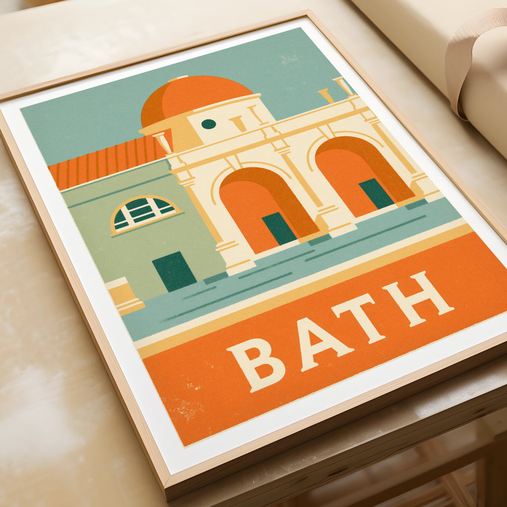 Bath Retro Travel Poster, Roman Baths Print, England Wall Art, Somerset Gift