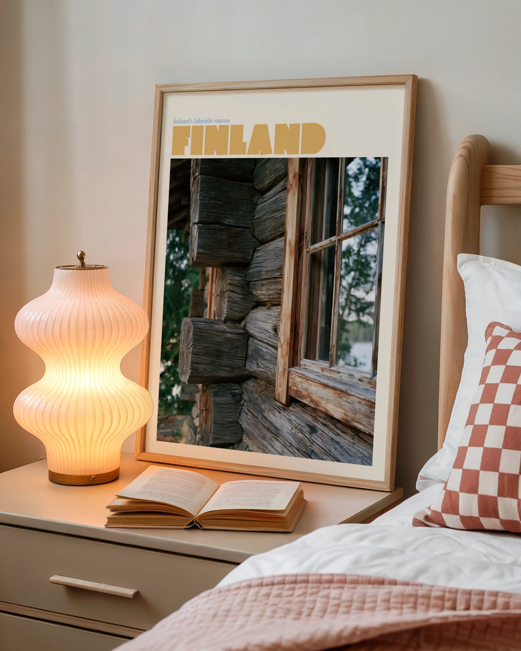 Finland Vintage Travel Poster, Lakeside Sauna Print, Scandinavian Log Cabin Wall Art