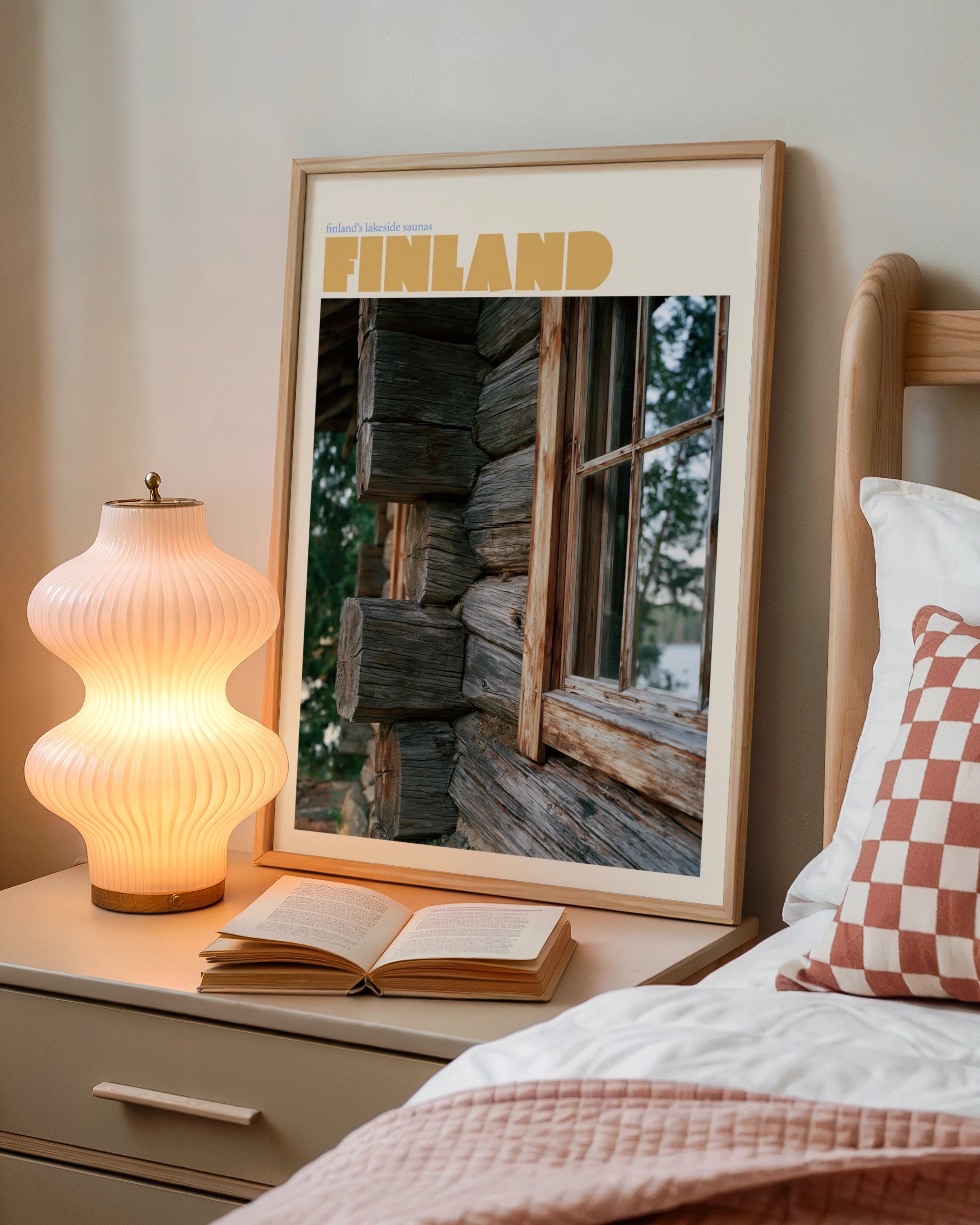 Finland Vintage Travel Poster, Lakeside Sauna Print, Scandinavian Log Cabin Wall Art