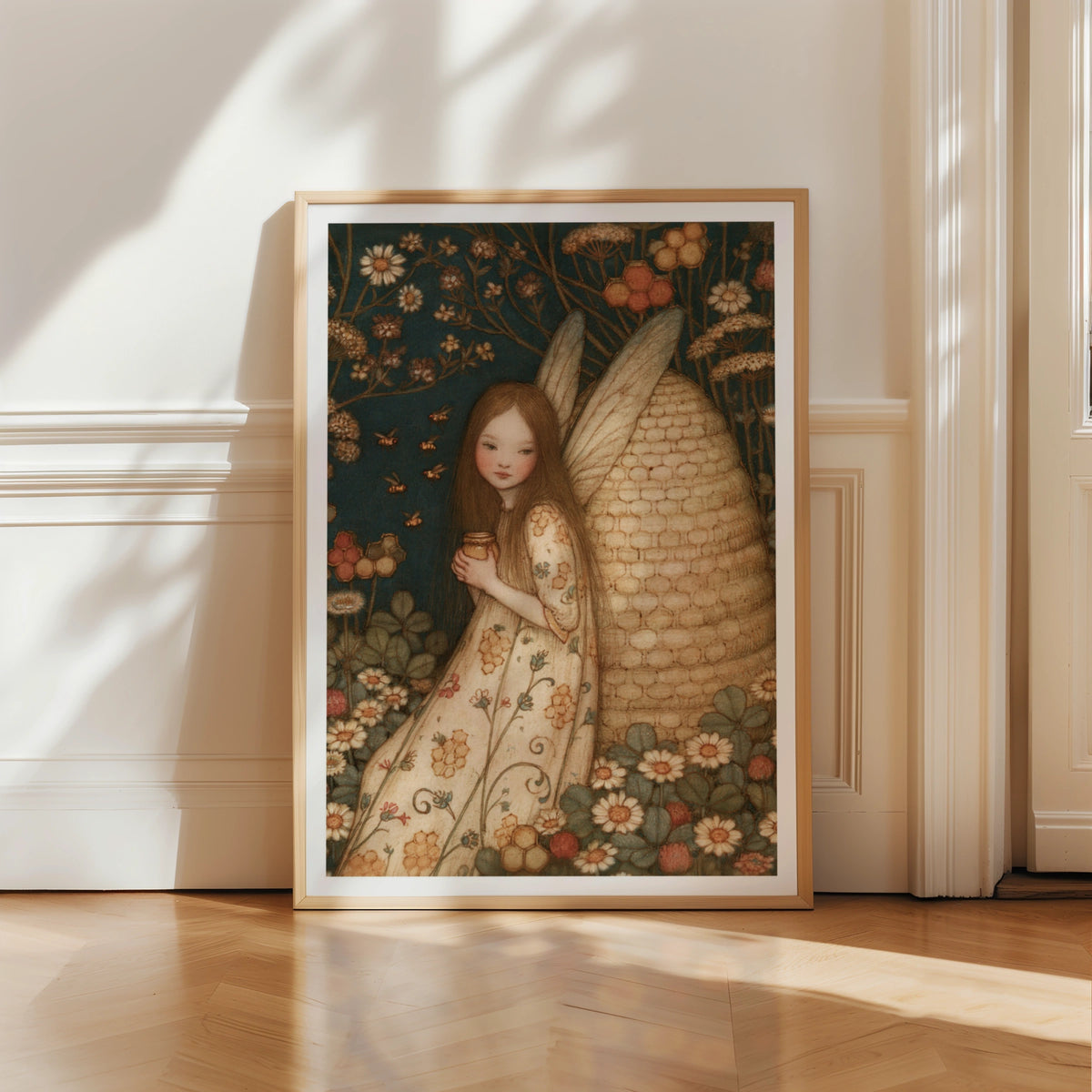 Fairy Girl Bee Skep Print, Classic Folk Art Poster, Floral Botanical Whimsical Wall Art