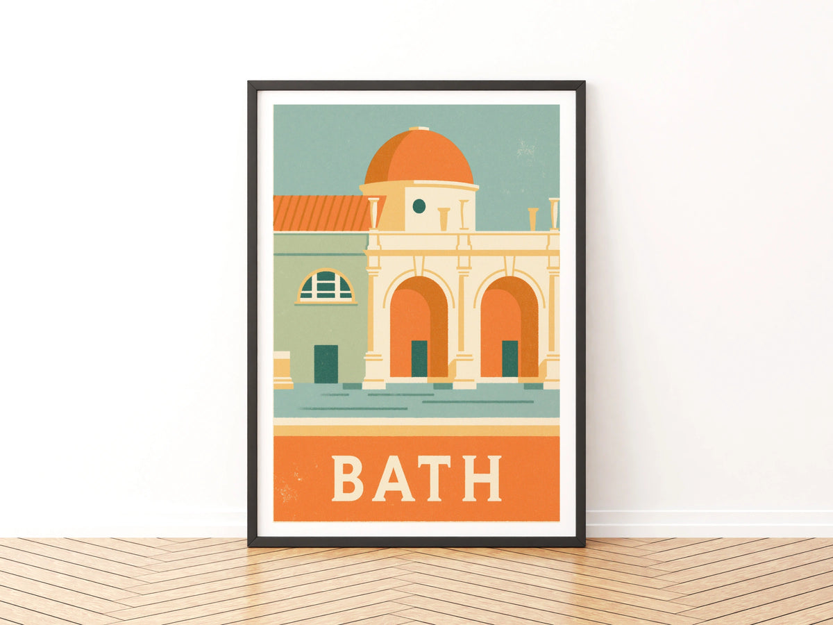 Bath Retro Travel Poster, Roman Baths Print, England Wall Art, Somerset Gift