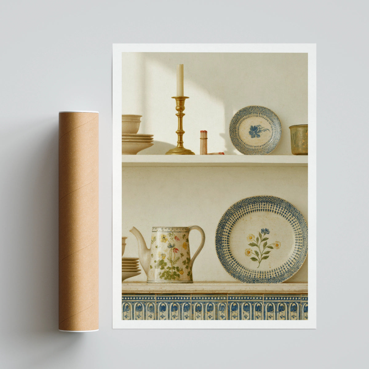 Classic Kitchen Shelf Print, Vintage Pottery Wall Art, Blue Floral Ceramic Poster, Cottagecore