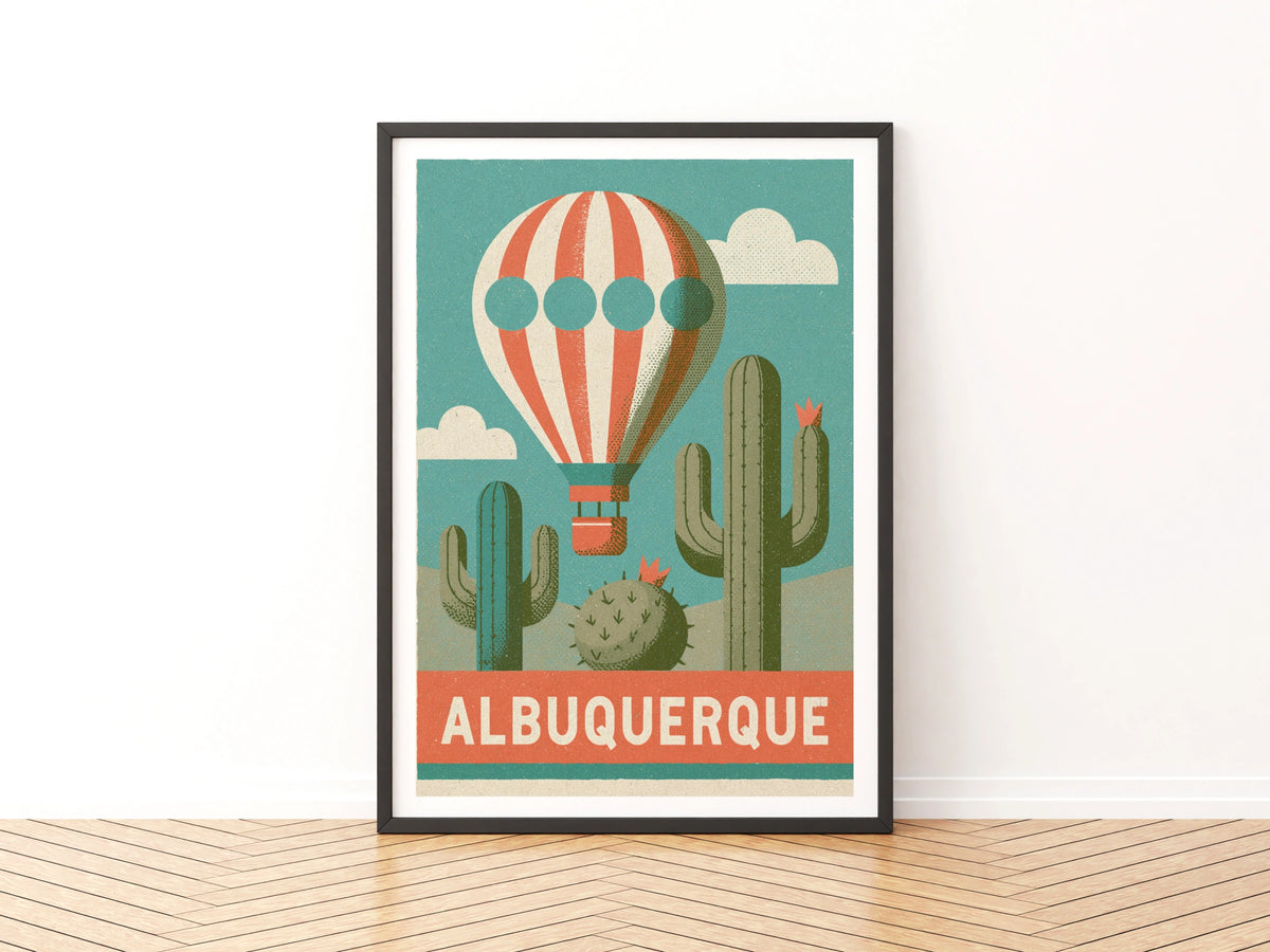 Albuquerque Retro Travel Poster, New Mexico Hot Air Balloon Cactus Desert Wall Art Print