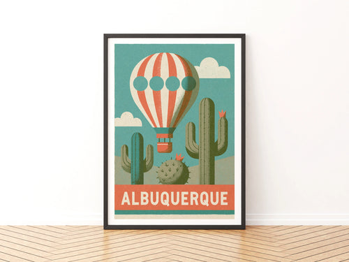 Albuquerque Retro Travel Poster, New Mexico Hot Air Balloon Cactus Desert Wall Art Print