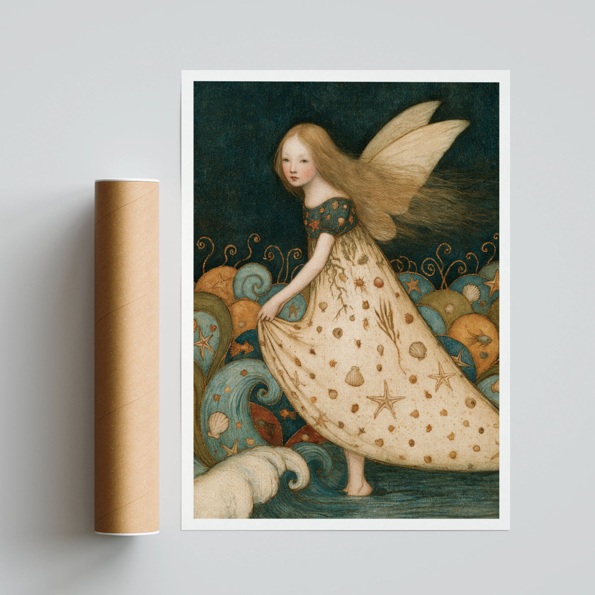 Sea Fairy Classic Inspired Print, Ocean Fairy Wall Art, Seashell Fairy Poster, Teal Folk Art