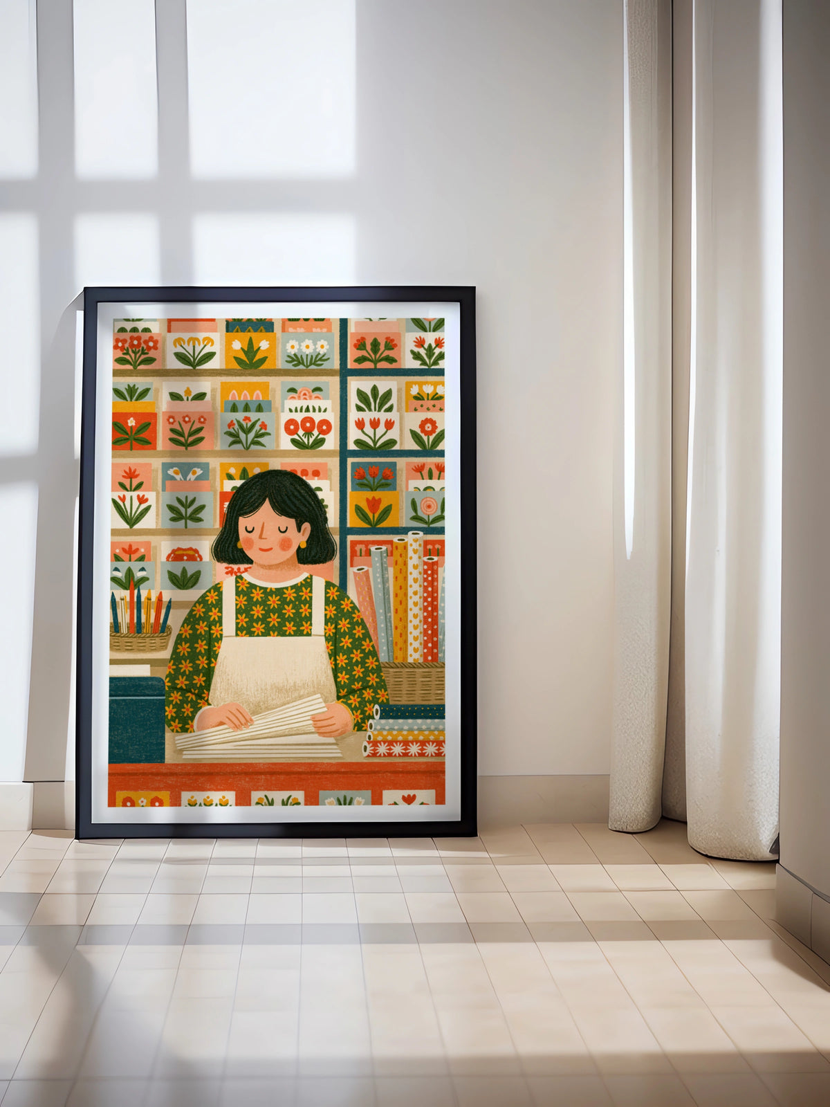 Retro Craft Room Print, Folk Art Paper Shop Poster, Sewing Print Gift for Crafters Wall Art