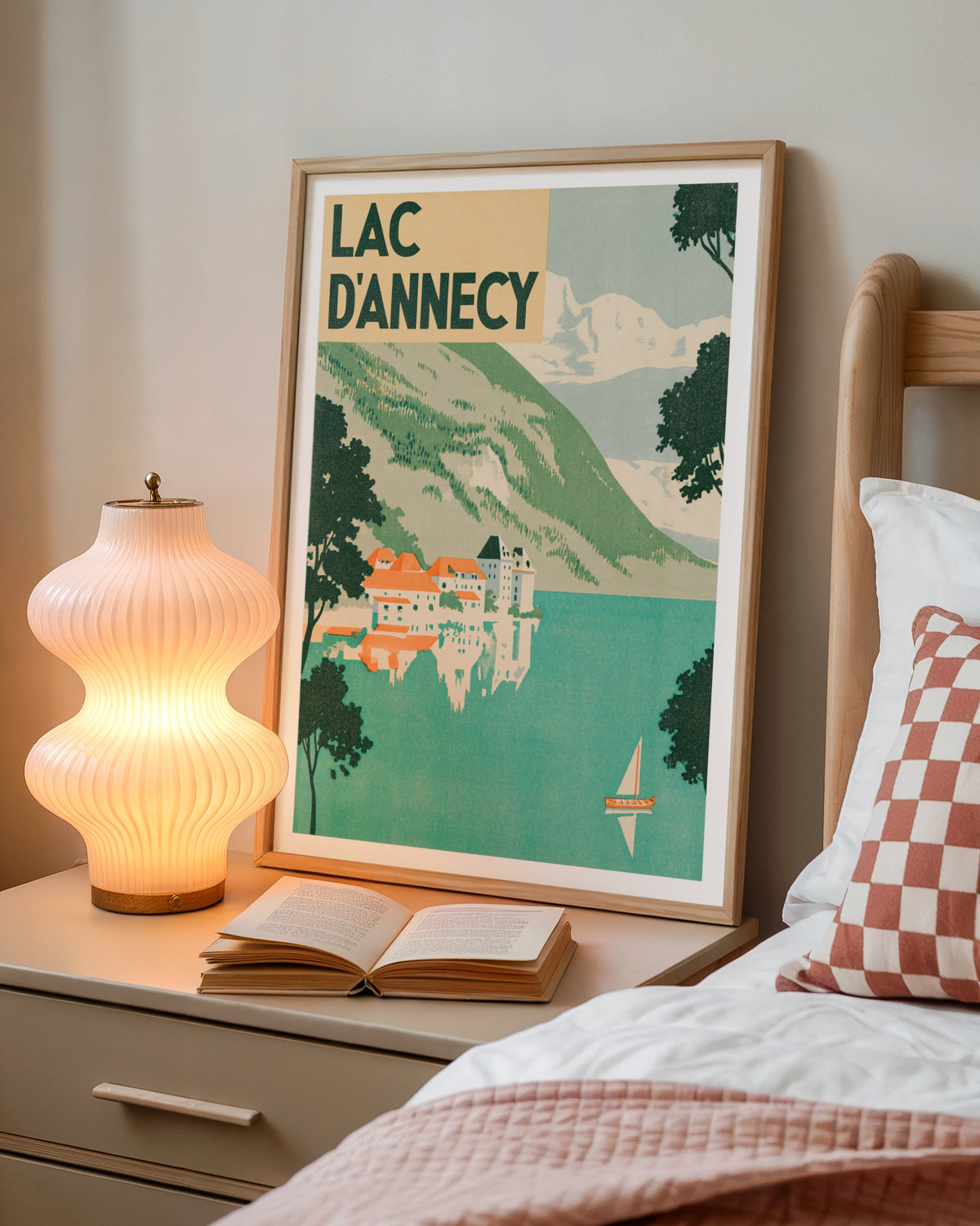 Retro Lac d'Annecy Poster, Vintage Travel Print, French Alps Lake Wall Art, Turquoise Lake Scene