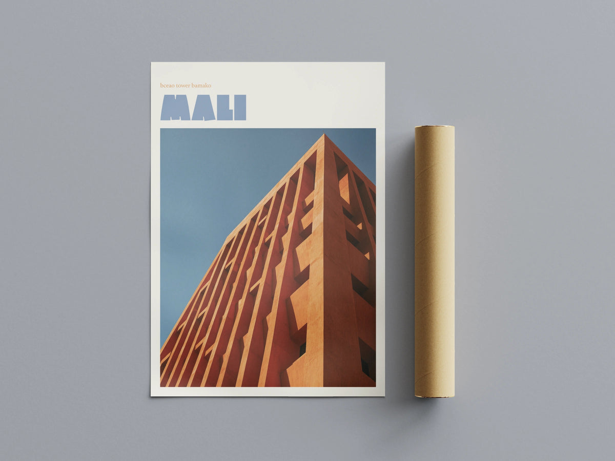 Mali Travel Print, BCEAO Tower Bamako, contemporary African architecture wall art