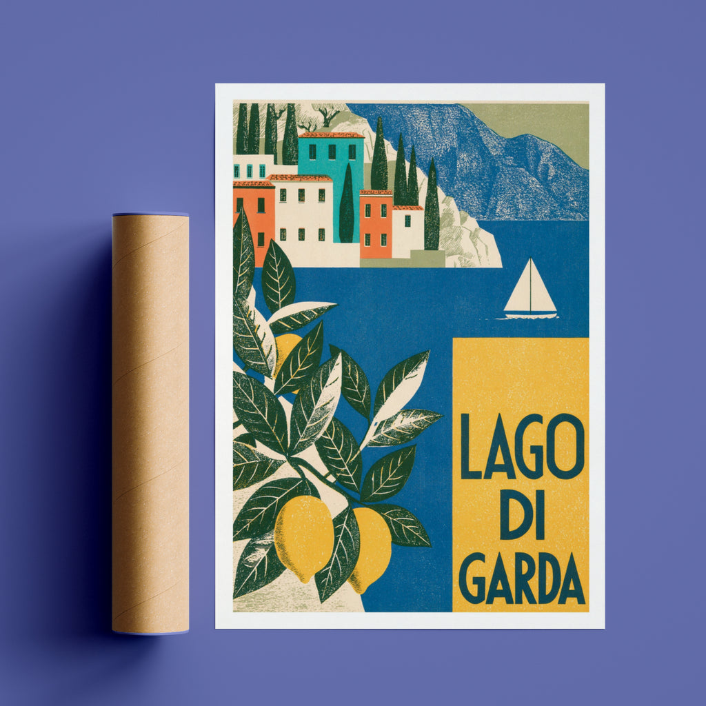 Lago di Garda Retro Travel Poster, Vintage Travel Italian Lake Print, Lemon Tree Wall Art