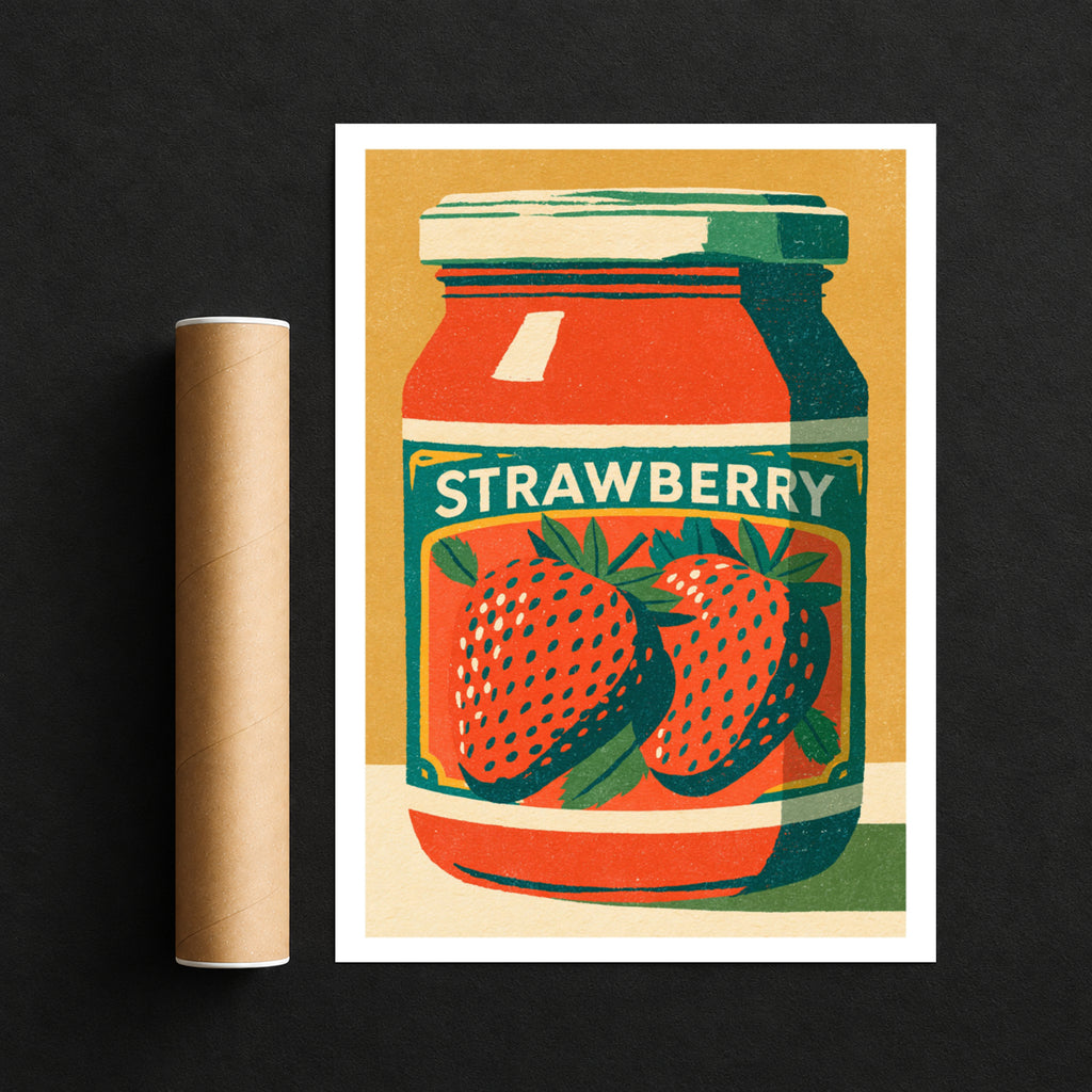 Vintage Food Poster Print, Strawberry Jam Jar, Rustic Kitchen Decor, Retro Mid Century Risograph
