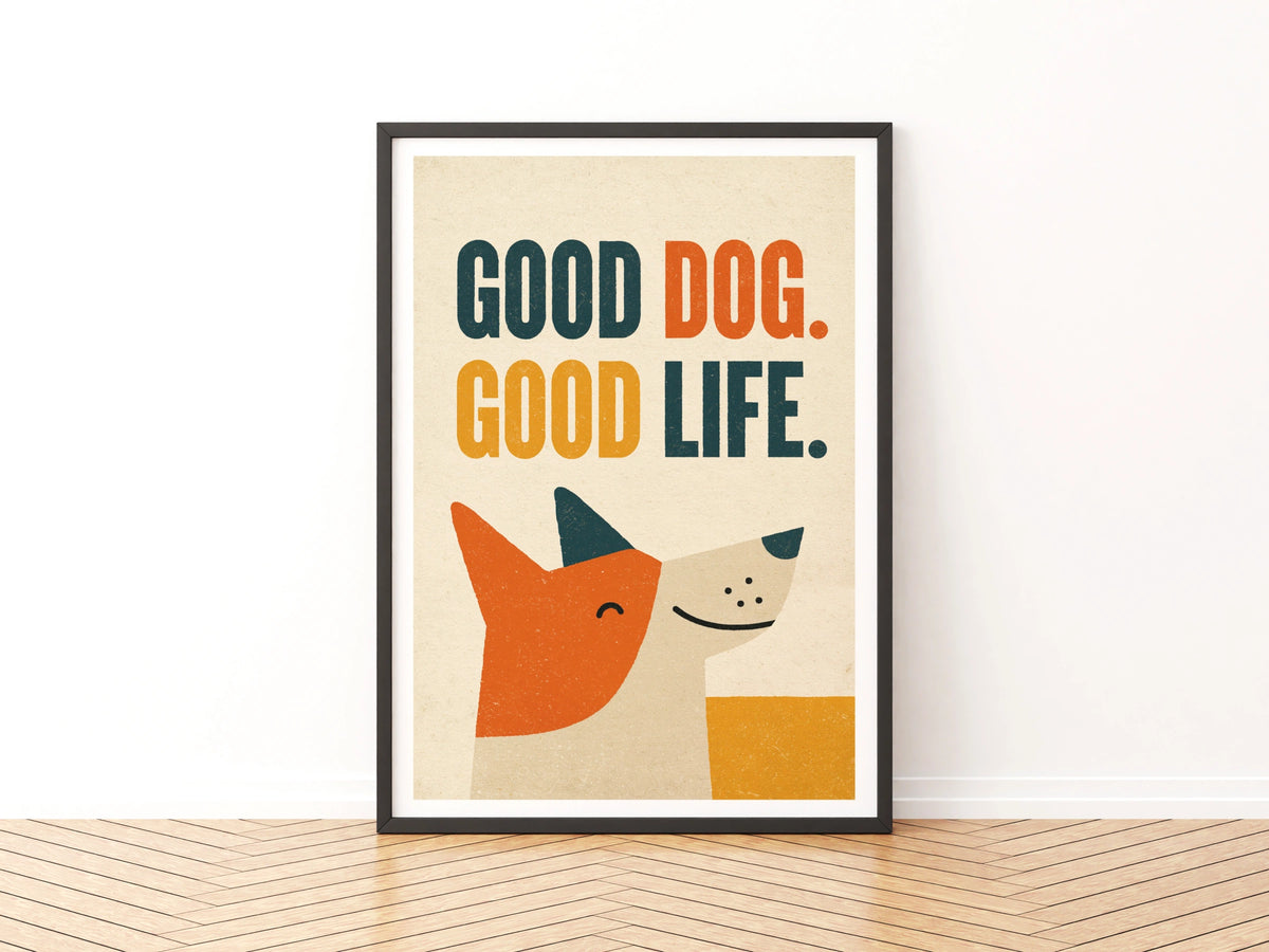 Good Dog Good Life retro dog print, folk art wall print, dog lover gift, vintage style