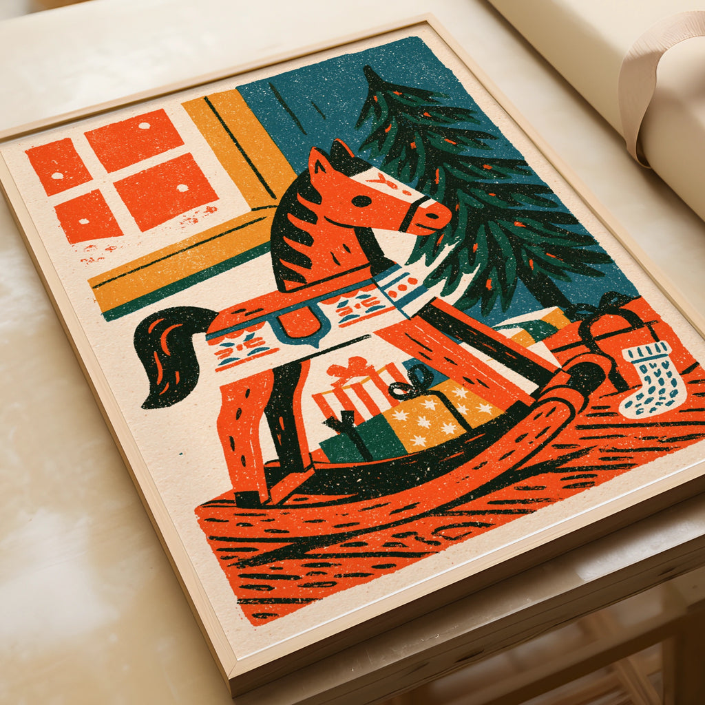 Vintage Rocking Horse Christmas Poster, Retro Festive Wall Art, Teal Orange Holiday Print
