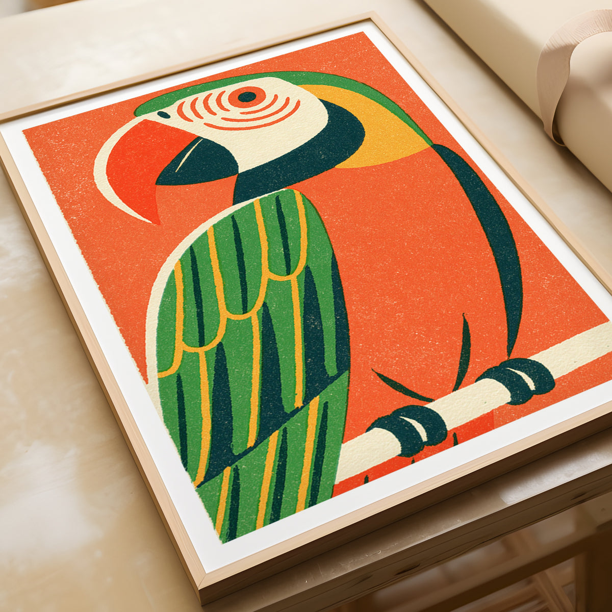 Retro Parrot Print, Vintage Macaw Wall Art, Tropical Bird Poster, Orange Green Matchbox Style Art