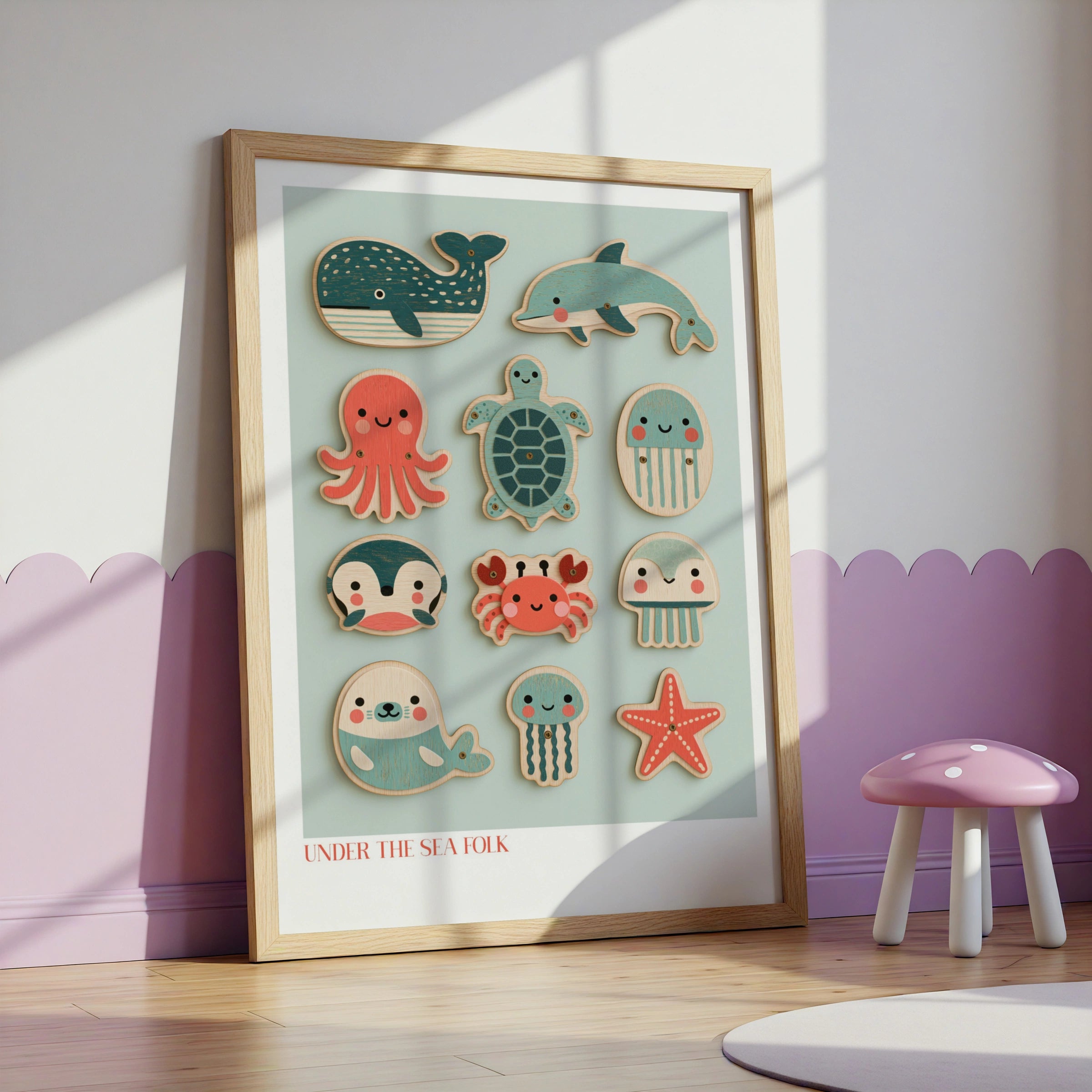Under the Sea Folk Retro Children's Print, Cute Ocean Animals Nursery Poster, Kids Wall Art