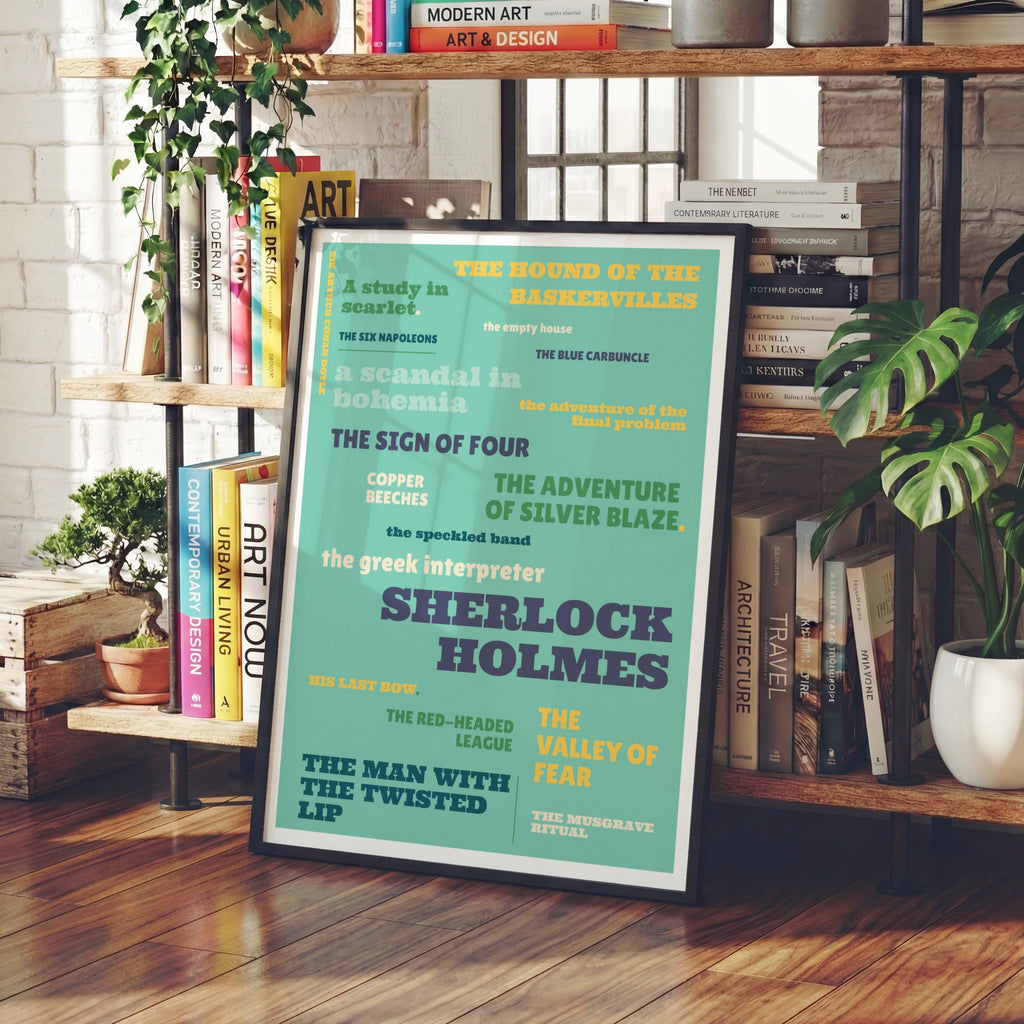 Sherlock Holmes Typography Print, Conan Doyle Literary Poster, Teal Book Lover Wall Art