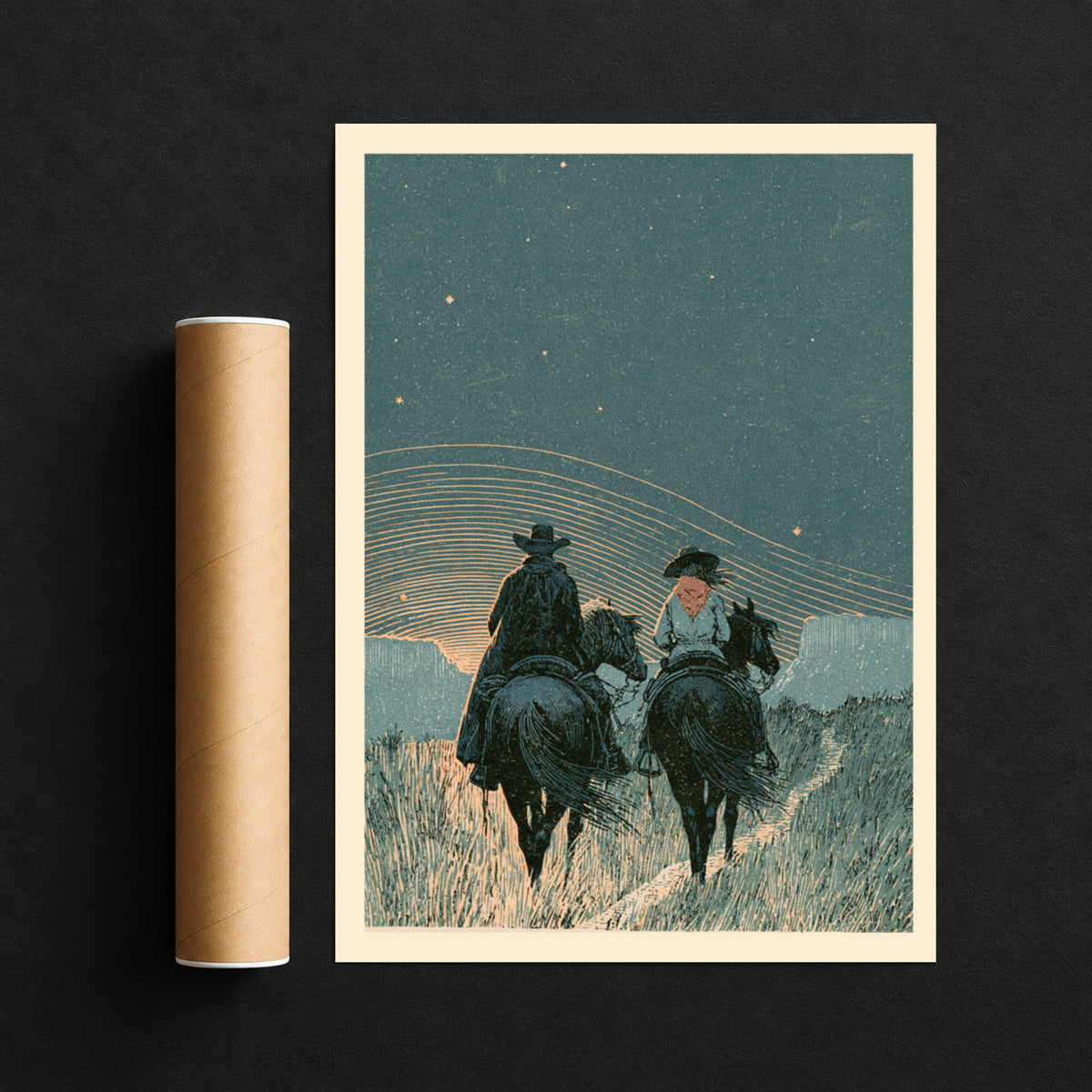 Cowboy and Cowgirl Riding Horses Under Stars, Western Wall Art, Vintage Night Sky Poster Print
