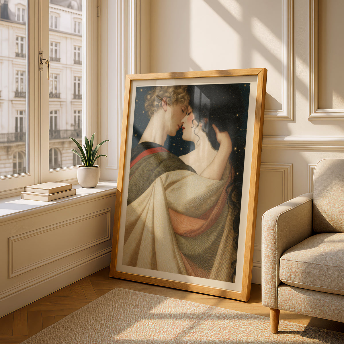 Romantic Couple Art Print, Vintage Lovers Poster, Starry Night Sky Wall Art, Bedroom Wall Decor