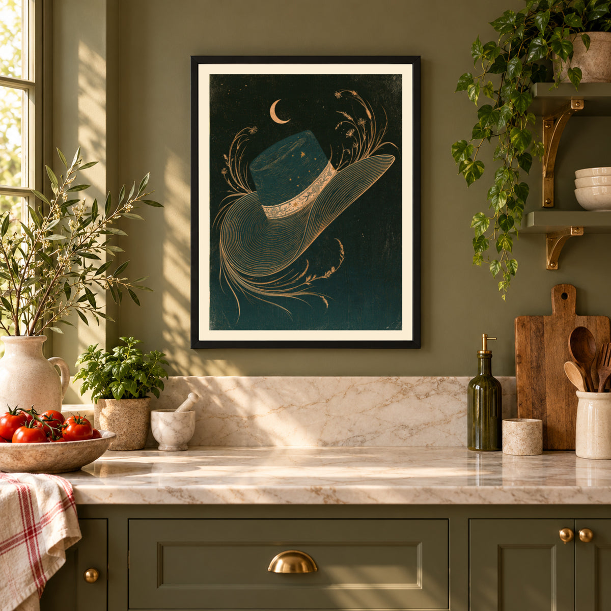 Celestial Straw Hat Art Print, Crescent Moon, Wildflowers, Dark Green Gold Boho Wall Decor Poster