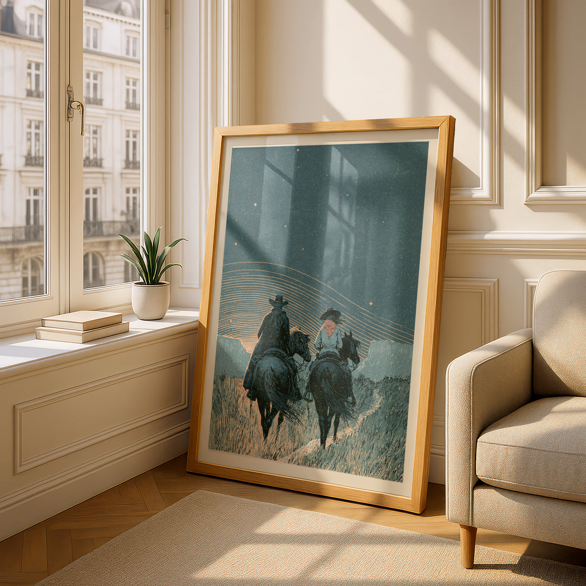 Cowboy and Cowgirl Riding Horses Under Stars, Western Wall Art, Vintage Night Sky Poster Print