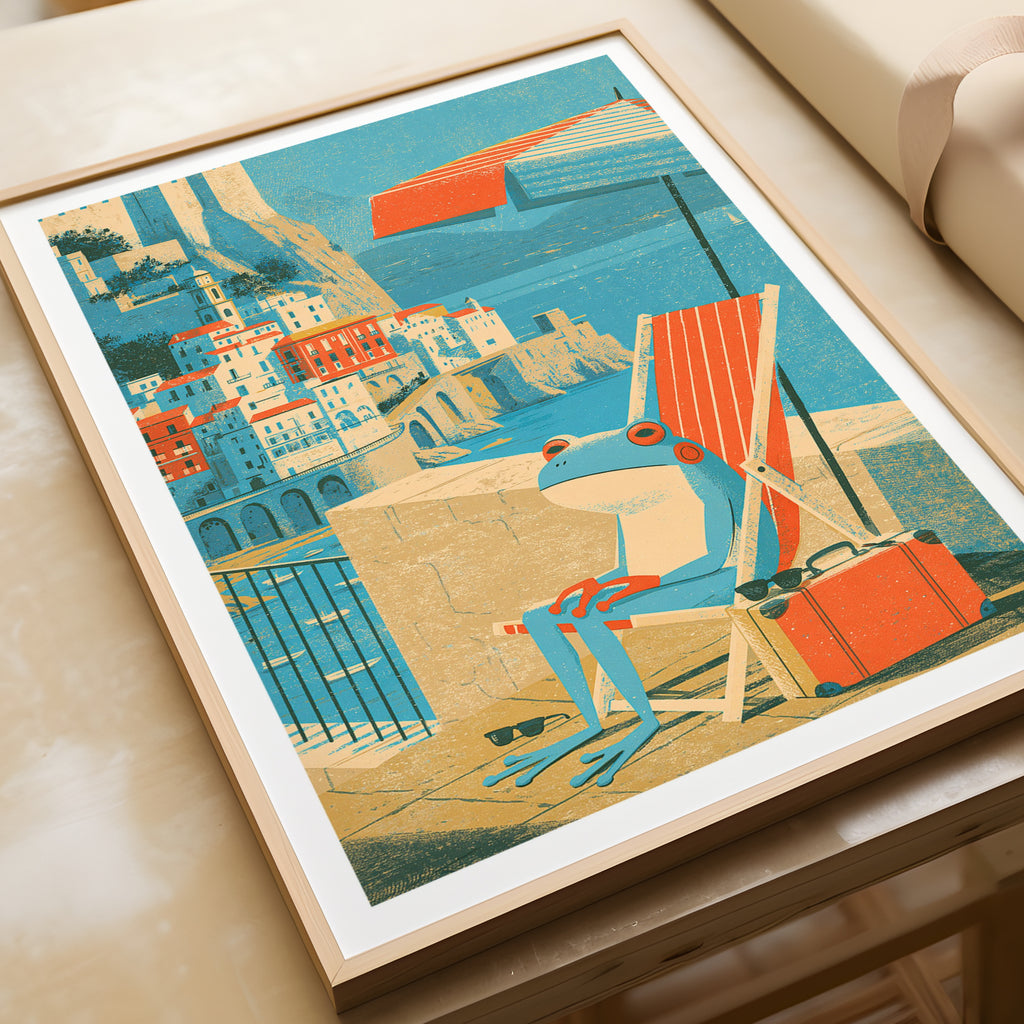 Contemporary Amalfi Coast Frog Print, Whimsical Italy Travel Art, Deckchair Seaside Wall Decor