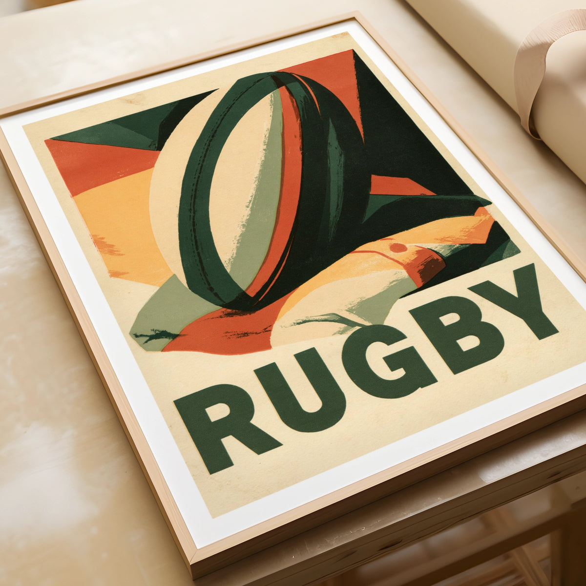 Retro Rugby Poster, Vintage Sport Wall Art Print, Rugby Ball, Green Orange Decor