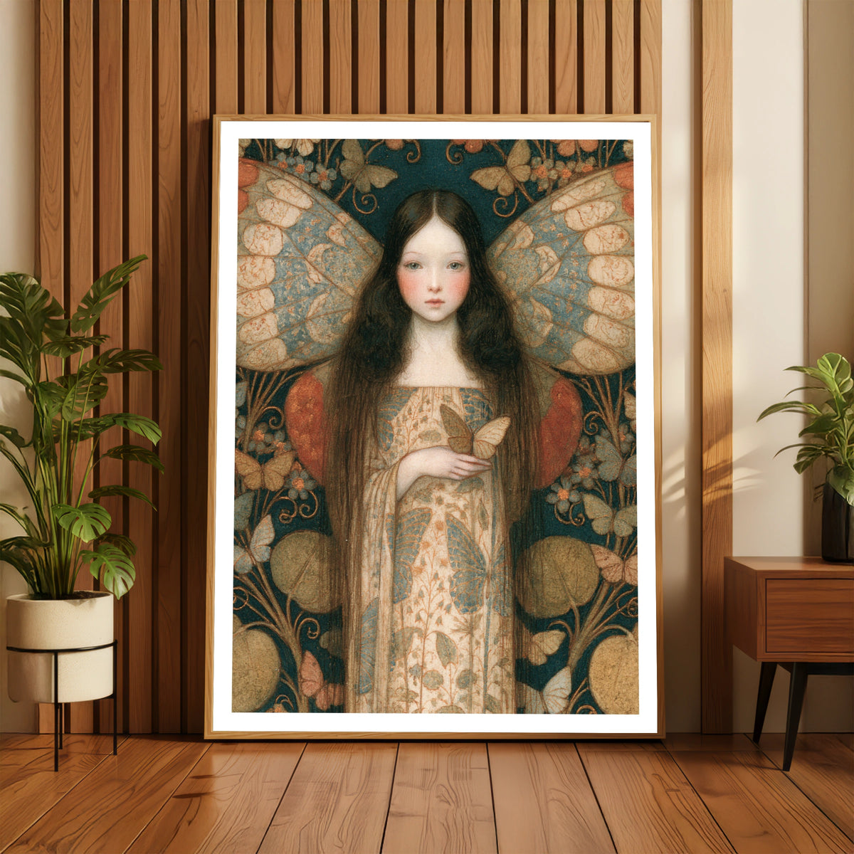 Butterfly Fairy Art Print, Classic Folk Art Poster, Teal Floral Fantasy Wall Art