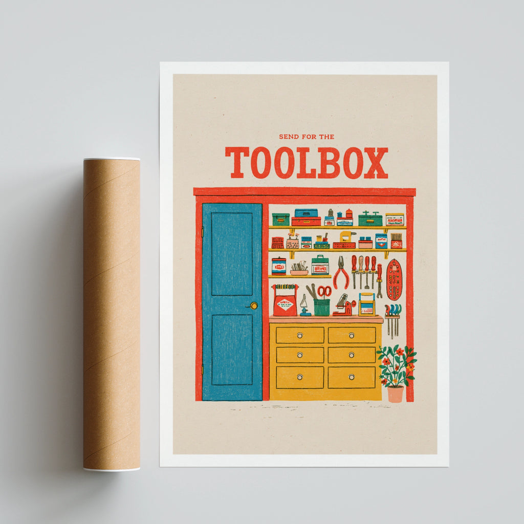 Send For The Toolbox Retro Workshop Poster, Vintage Tools Wall Art Print, Man Cave Print