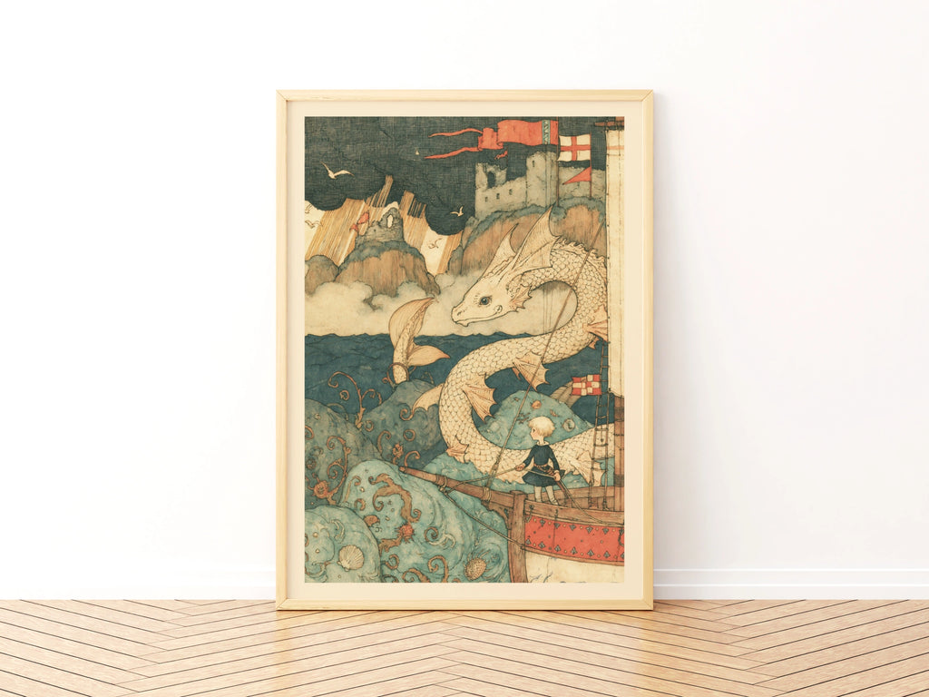  Dragon & Knight Children's Print, Fantasy Sea Adventure, Kids Wall Art Collectable Art