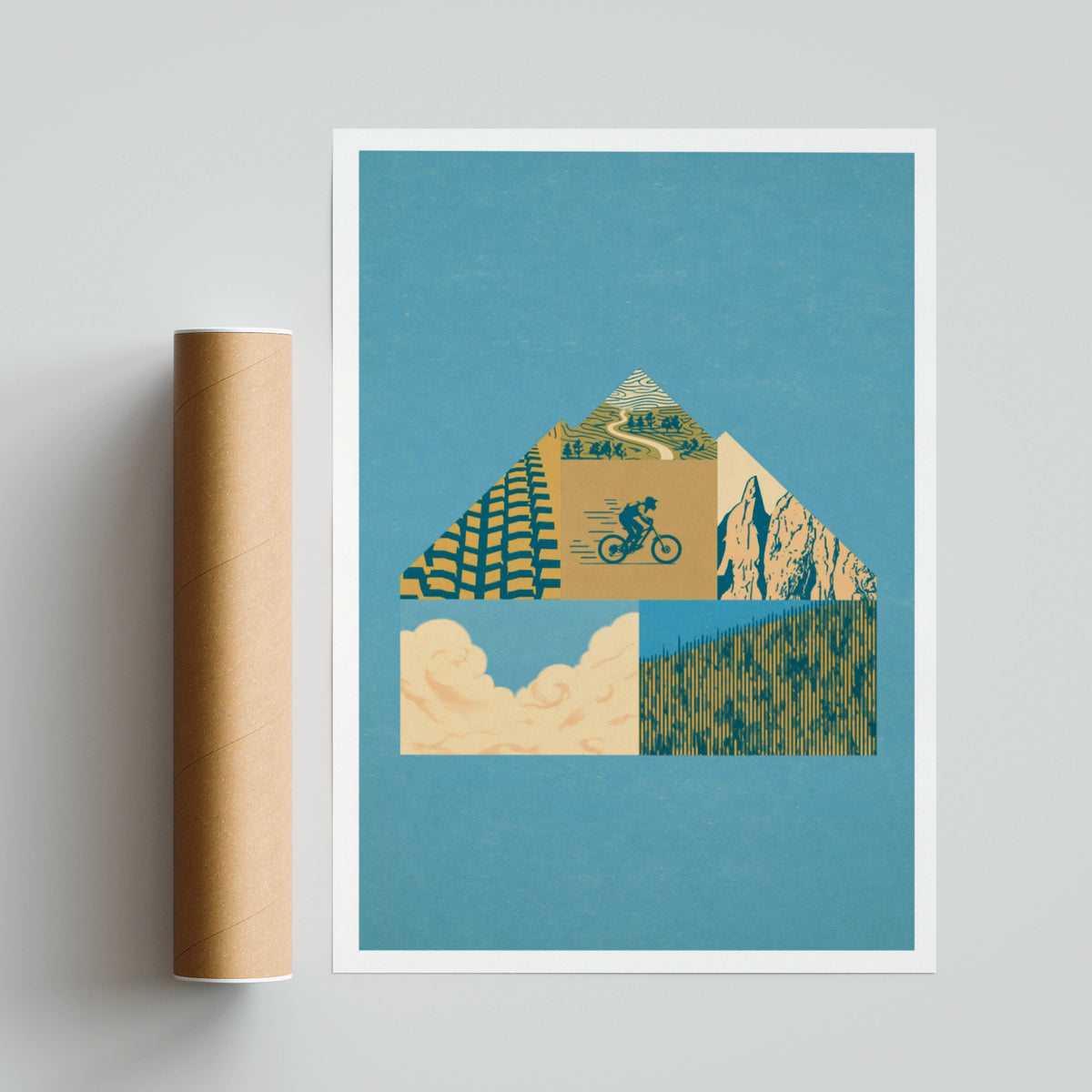 Mountain Bike Retro Poster, Cycling Wall Art Print, Vintage MTB Collage, Blue Gold
