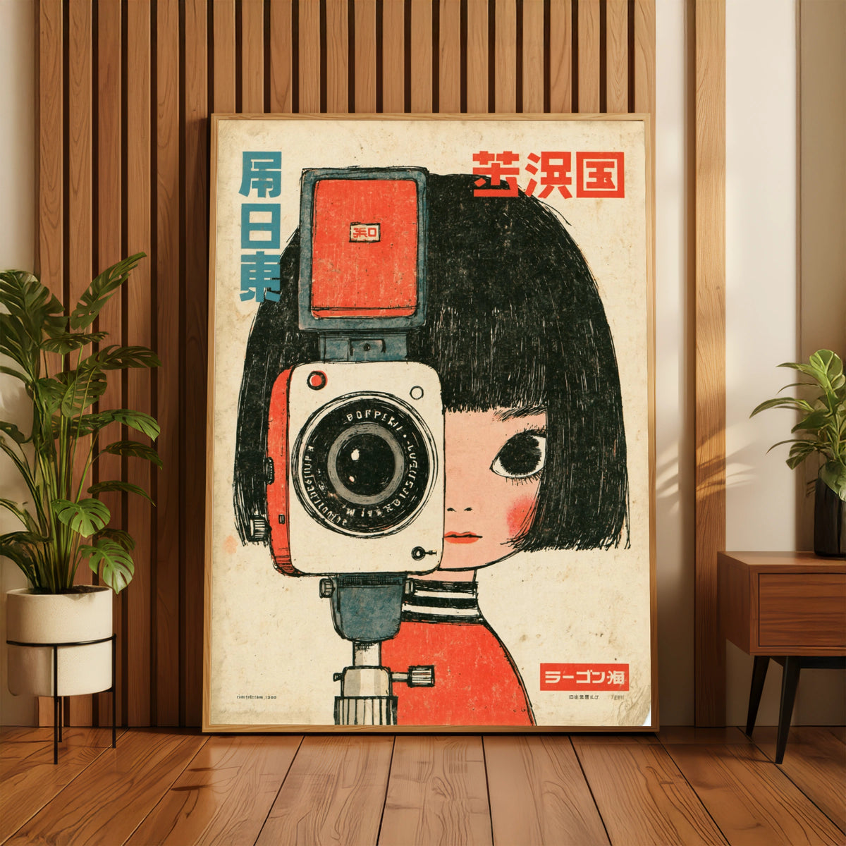 Vintage Japanese Camera Girl Poster, Retro Kawaii Wall Art, Mid Century Print