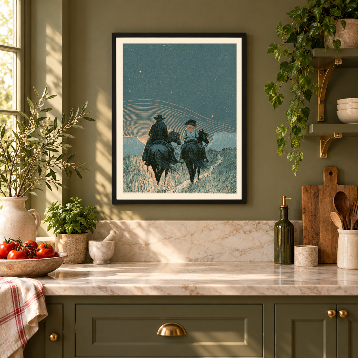 Cowboy and Cowgirl Riding Horses Under Stars, Western Wall Art, Vintage Night Sky Poster Print