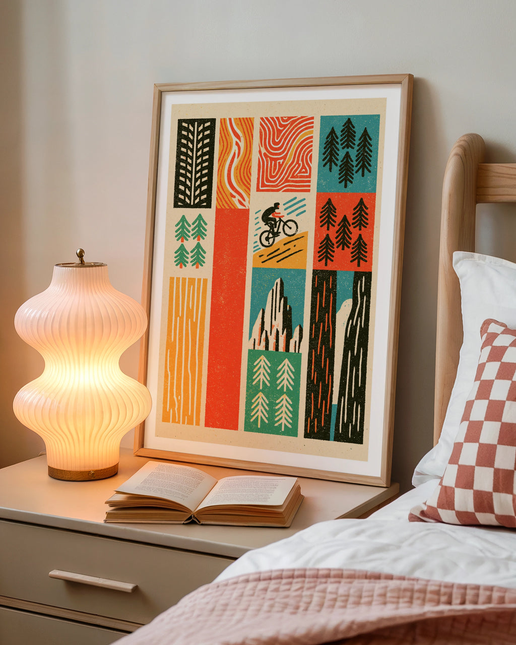 Retro Mountain Bike Poster, MTB Trail Art Print, Cycling Gift, Pine Tree Wall Art