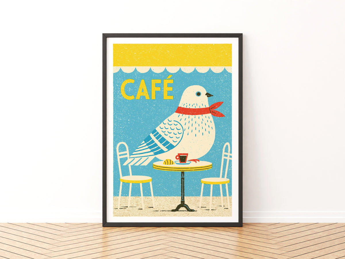 Retro Cafe Bird Art Print, French Pigeon Folk Wall Art, Blue Yellow Kitchen Decor, Vintage Bird