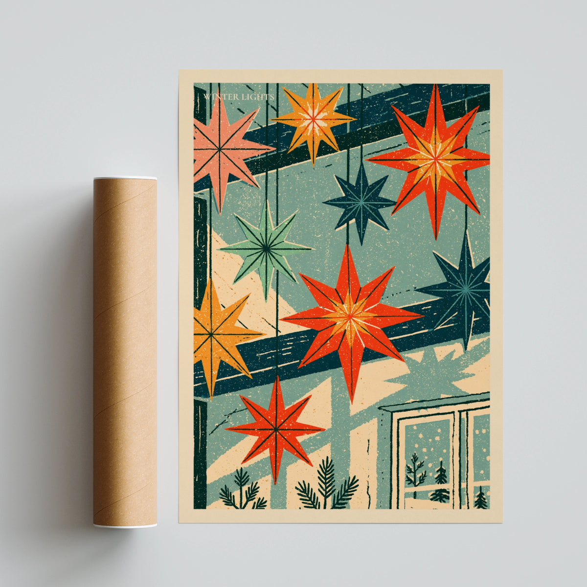 Winter Lights Retro Star Poster, Vintage Christmas Wall Art, Festive Holiday Print
