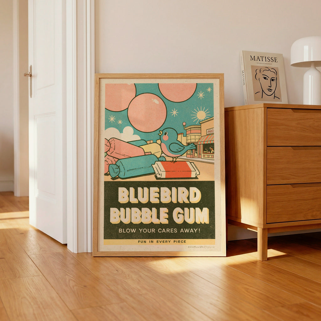 Contemporary Bluebird Bubble Gum Print, Retro Sweet Shop Wall Art, Kitchen Diner Decor