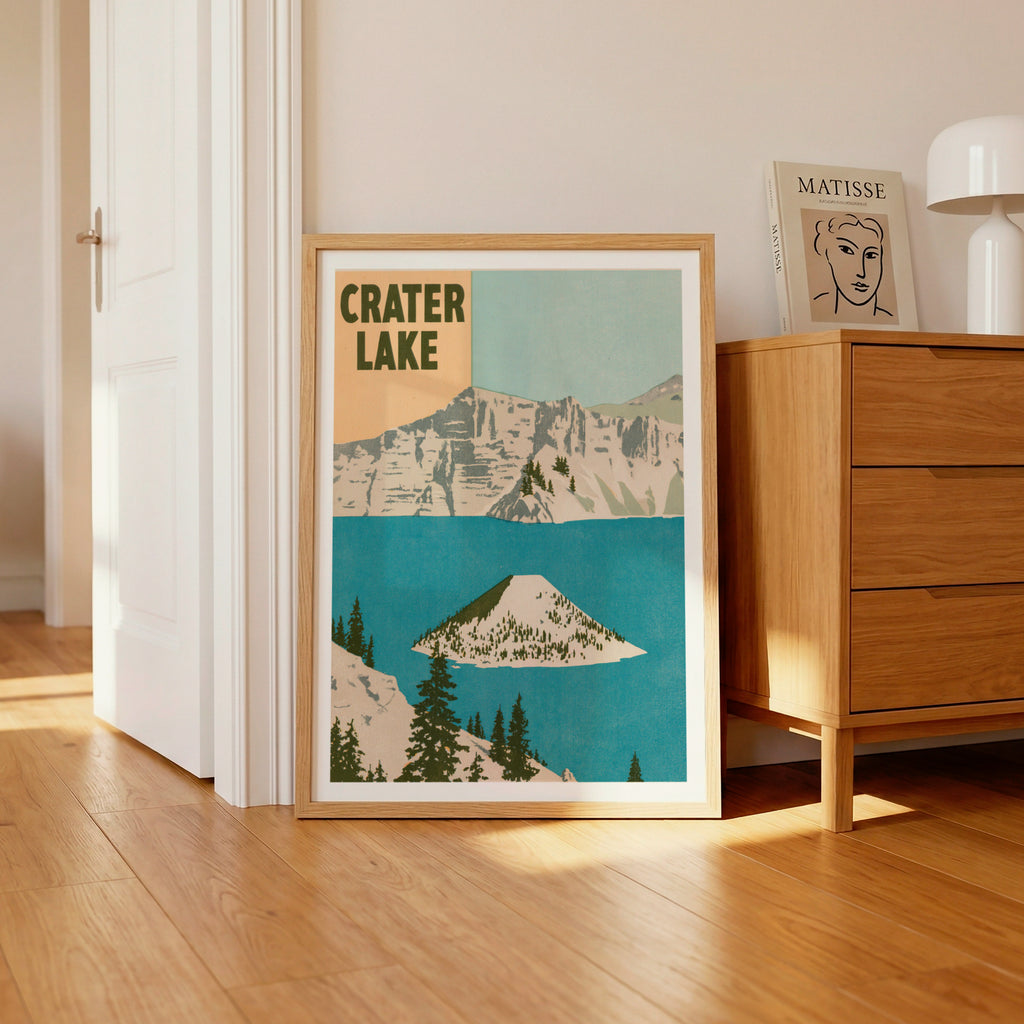 Retro Crater Lake Poster, Vintage Travel Print, Oregon National Park Wall Art, Wizard Island